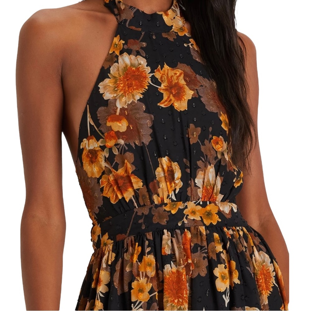 Lulu's Black Halter Floral Midi Dress with Orange & Brown Blooms - Picture 2 of 10